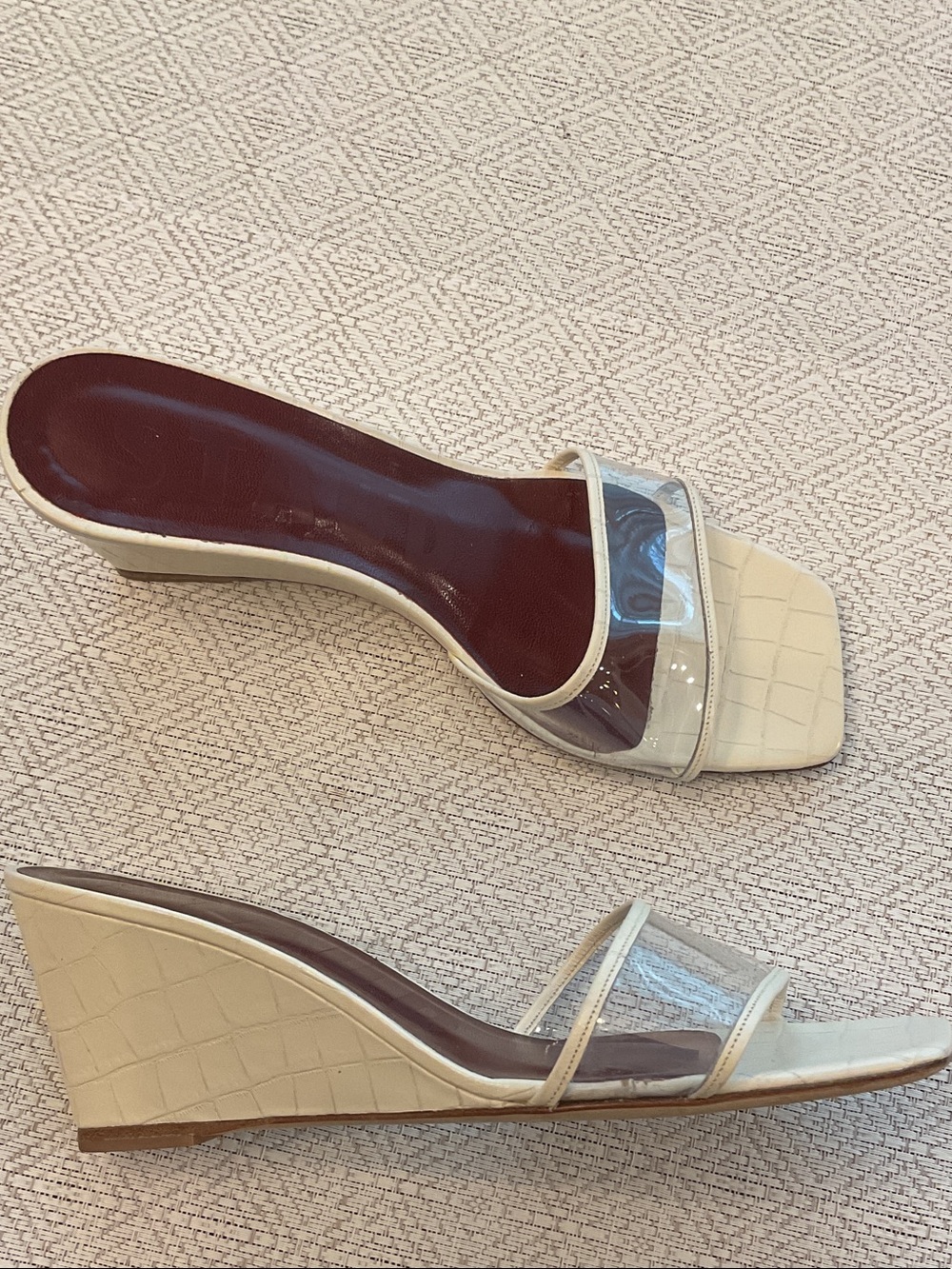STAUD Cream Croc-Embossed Wedge Mules with Clear Strap and Burgundy Footbed - Picture 2 of 6